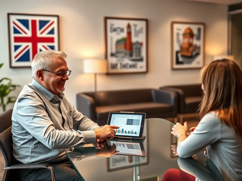 A business coach providing one-on-one guidance to a client in a modern office setting, emphasizing personalized attention and support.
