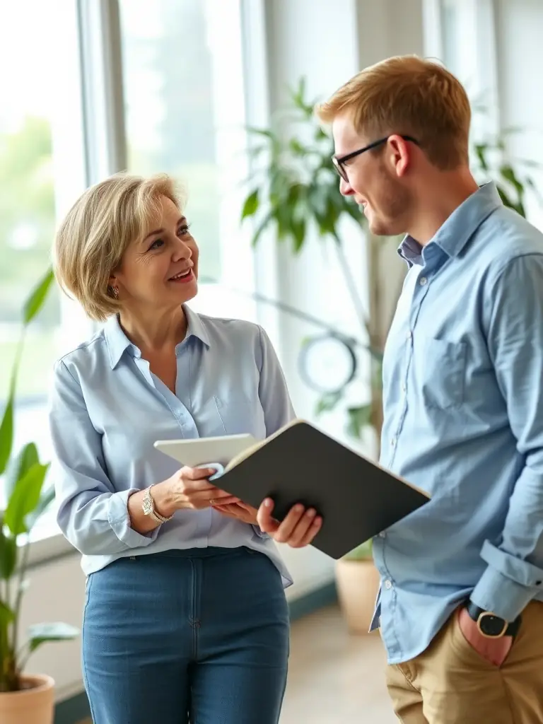 A mentor providing advice to a young professional in a modern office setting, with a focus on personal branding materials, representing Mentorship & Career Development.