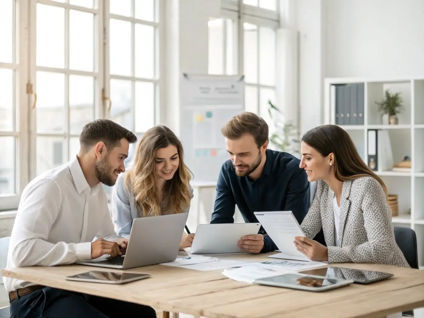 A diverse group of business professionals collaborating around a table, brainstorming ideas and strategies, with a focus on teamwork and innovation.