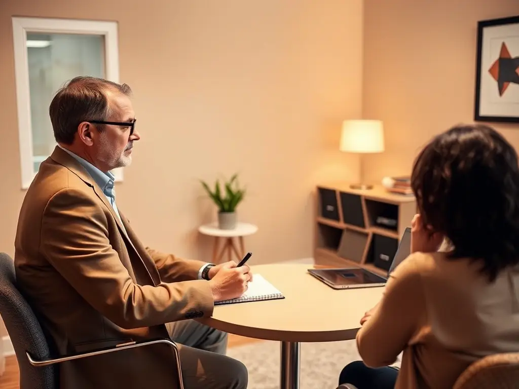 A professional business coach in a modern office setting, reviewing strategic plans with a client, both smiling and engaged in a positive discussion.