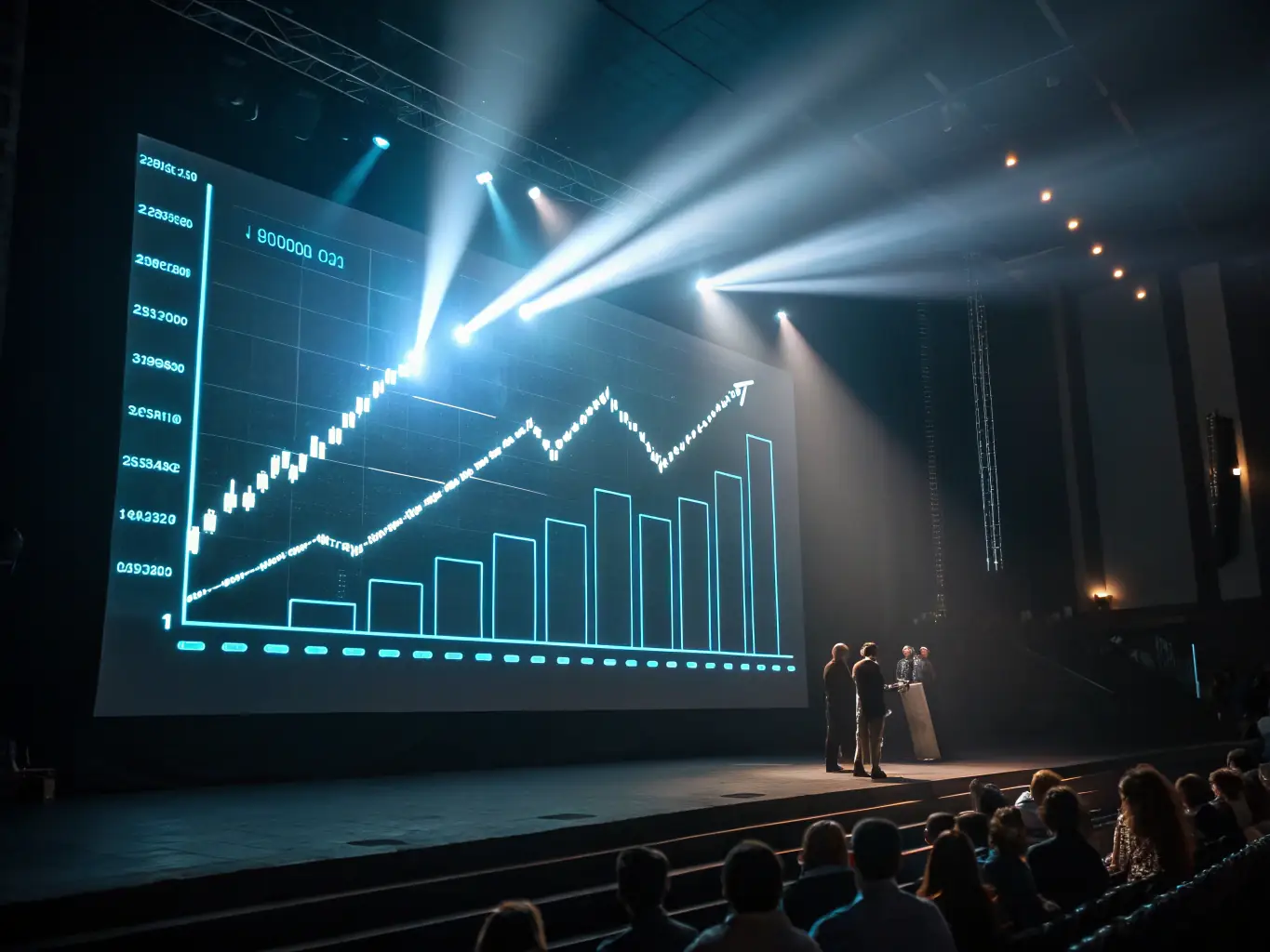 A graph showing upward business growth, with a magnifying glass highlighting key areas of improvement and success.