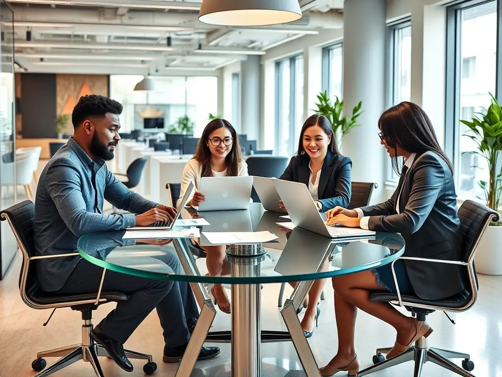 A diverse team of business professionals collaborating on a project, showcasing teamwork and strategic planning in a modern office environment.