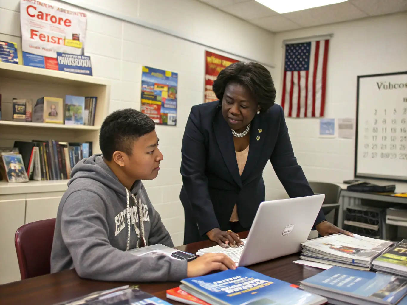 A mentor guiding a young professional through career development strategies in a co-working space, emphasizing growth and opportunity.