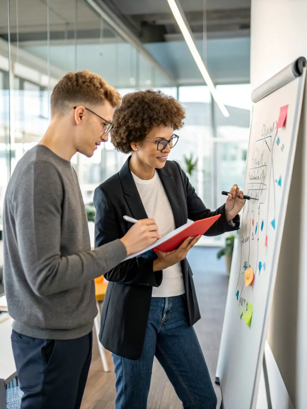 An image of a coach and client engaged in a one-on-one coaching session, with a whiteboard and business charts in the background, representing the Business Coaching Program.
